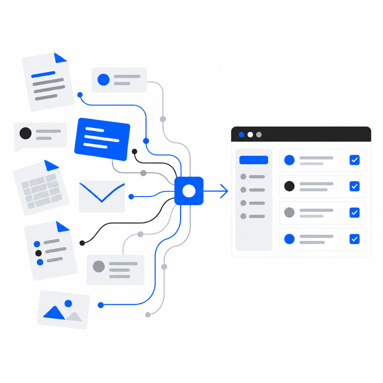Flat blue illustration showing documents and messages connecting into an organized task system